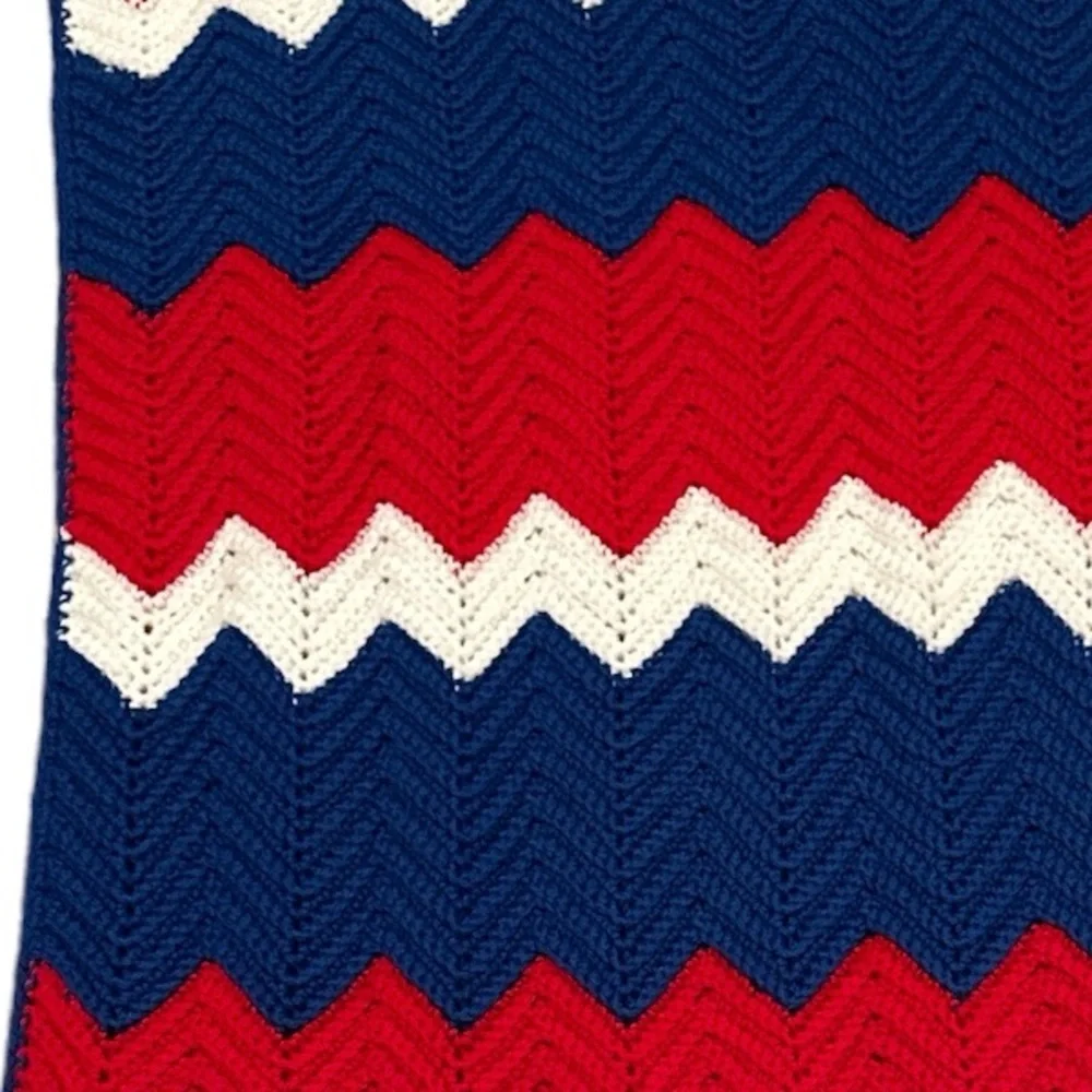 PATRIOTIC CROCHET ZIG ZAG RED WHITE BLUE BLANKET AFGHAN HANDMADE THROW
